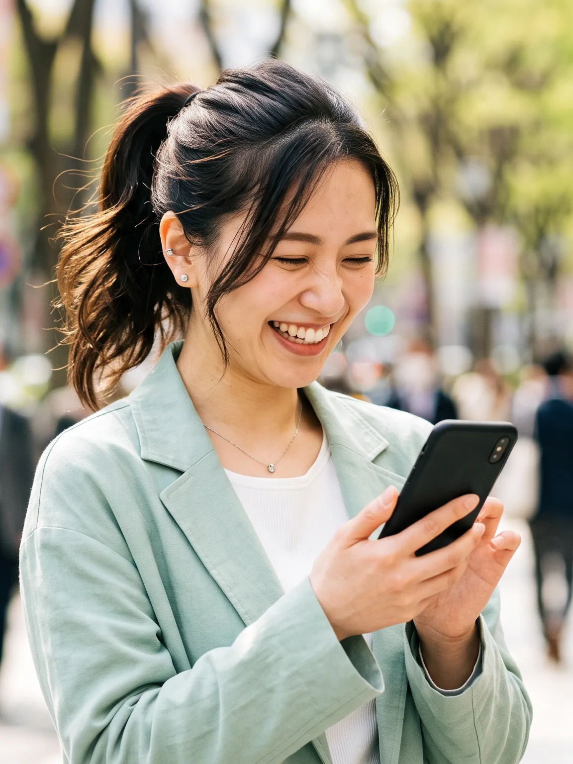 外出先でスマートフォンを使って学習する人