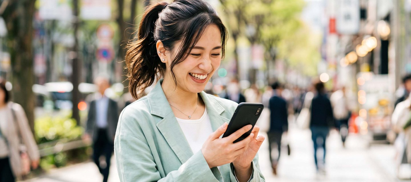 外出先でスマートフォンを使って学習する人
